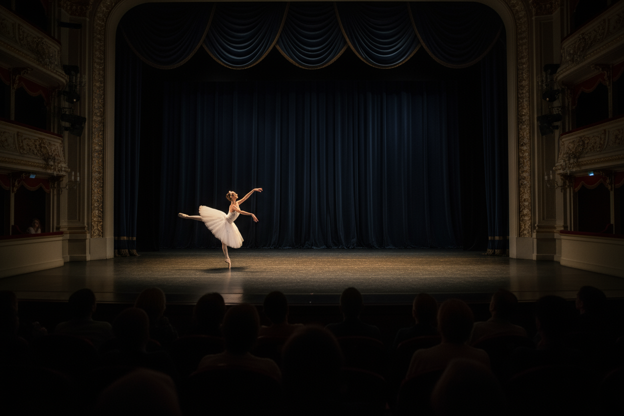 good but bring the camera back so we can see the audience on the bottom of the screen from behind and push the dancer to the left side